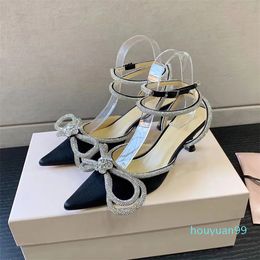 Mach Satin Bow Pumps Crystal Embellished Evening shoes 65mm stiletto Heels sandals women medium heels Luxury Designers ankle strap Dress shoe factory