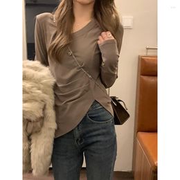 Women's Polos Irregular Hem V-neck Shoulder Pad Pure To Slim Top Stretch Inside Take Long Sleeved Leggings Female Winter