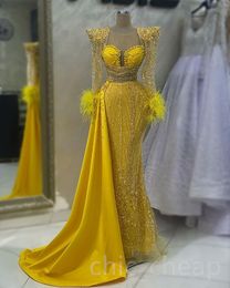 Aso Ebi 2023 Arabic Yellow Mermaid Prom Dress Pearls Crystals Sexy Evening Formal Party Second Reception Birthday Engagement Gowns Dresses Robe de Soiree SH044