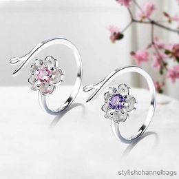 Band Rings Women's Fashion Cute Sakura Flower Rings Charm Cubic Ziron Stone Prong Setting Simple Style Romantic Open Ring Jewellery Accessory
