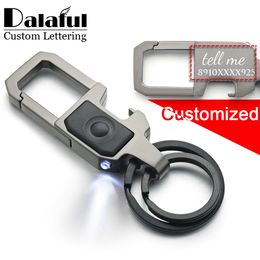 Dalaful Custom Lettering Keychain LED Lights Lamp Beer Opener Bottle Engrave Name Customised Logo Key Chain Ring Men Car K378