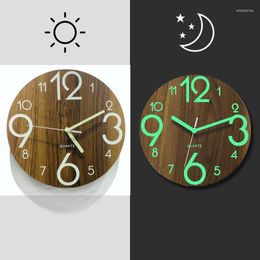 Wall Clocks 12-Inch Luminous Wood Grain Clock Board Noiseless Fluorescent