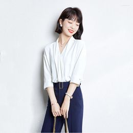 Women's Blouses 2023 Summer Half Sleeve Korean Fashion V-Neck White Chic Chiffon Women's Shirt Top Femme