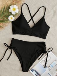 Swim Wear Sexy Bikini Women Swimsuit Black Lace Up Ribbed Swimwear High Waist Bikinis Set Summer Beach Bathing Suit For Female XL 230515