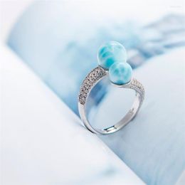 Cluster Rings Blue Natural Larimar Gemstone Wedding Party Women Mens Stone Adjustable Size Silver Fashion Ring