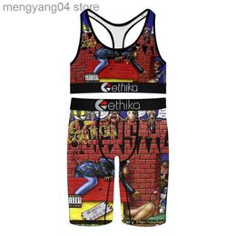 Women's Tracksuits Women Fitness Room Fashion Casual Sports Shorts Set Cartoon Printed Sleeveless Short T-Shirt With Slim Five-Point Shorts T230515