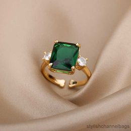 Band Rings Elegant Green Zircon Rings For Women Bride Stainless Steel Square Adjustable Cubic Ring Wedding Engagement Jewelry Gift