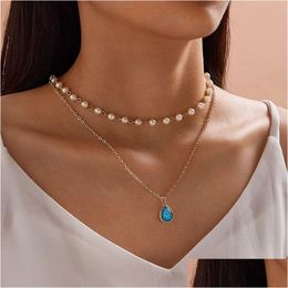 Pendant Necklaces Elegant Imitation Pearl Water Drop Semiprecious Stone Necklace Women Vintage Geometric Clavicle Jewelry Gi Dhgarden Dhbfs