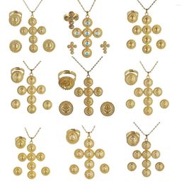 Necklace Earrings Set Ethiopian Big Cross Pendant & Ring For Women Men Gold Colour African Jewellery Eritrea