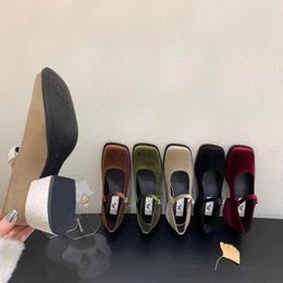 Dress Shoes Square Toe Women Pumps Flock Office Belte Buckle Thick Flat Mid Heels Beige Brown Green Black Red Autumn Spring 39