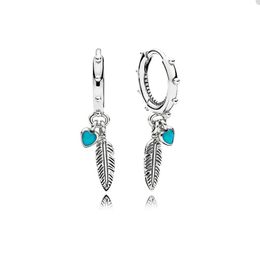 Turquoise Hearts Feather Hoop Earrings for Pandora Jewellery 925 Sterling Silver Wedding Party Earring for Women Girlfriend Gift luxury earrings with Original Box