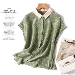 Women's Blouses Sweet Green Polka Dot Silk Women Office Summer Tops Contrast Colar Lapel Collar Blouse Korean Fashion Top Blusas Mujer