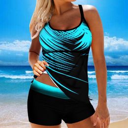 Women's Swimwear Blue Printed Two Piece Women Swimsuit 2023 Plus Size Tankini Set Swimming Suit For Bathing With ShortsWomen's