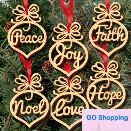 Quality Christmas letter wood Church Heart Bubble pattern Ornament X'mas Tree Decorations Party Favour Home Festival Ornaments Hanging Gift, 6 pc per bag