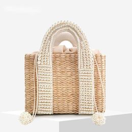 Shoulder Bags Pearls Beach Women 2023 Summer New Elegant Woven Beaded Straw Female Bohemia Knitted Large Tote Handbag Vacation Casual 230426