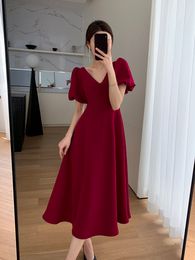 Casual Dresses Summer Elegant V Neck Puff Sleeve Red Dress for Women Casual A Line Wedding Birthday Party Vestidos Fashion Female Clothing 230515