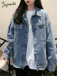 Women's Jackets Syiwidii Denim Jacket for Women Loose Single Breasted Turn Down Collar Long Sleeve Jacket Korean Fashion Streetwear Coat 230515