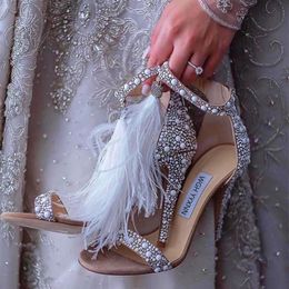 Dress Shoes Ladies Pointed Toe Rhinestone Feather Wedding Hollow Cover Heel High Heels Diamond Back Zip Open Sandals Footwear Size