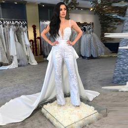 2020 Unique Country Wedding Jumpsuits With Detachable Train Long Train Lace Appliqued Bridal Gowns Sheer Neck Satin Wedding Dress308t