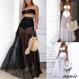 Cover-up Boho Casual Women See Through Polka Dot High Waist Sexy Loose Black/White Maxi Skirts Transparent Bathing Beach Bikini Cover Ups