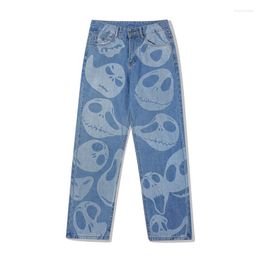 Men's Jeans 2023 Arrival Skull Full Print Punk Men Straight Baggy Trousers Hip Hop Oversize Women Wide Denim Pants Pantaloni Uomo