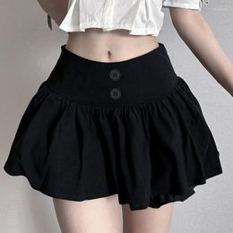 Skirts Solid Black Color Mini Skirt Ballet Wind Puff Button Decoration Thin Cute Short Streetwear