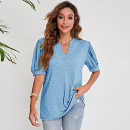 Women's T Shirts Leisure Short Sleeve Shirt Womens Tops Office Ladies Summer Basic Tee Loose Casual Ruffle V-neck