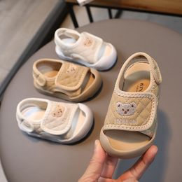 Sandals 0-4 Yrs Summer Children Shoes Boys Soft Soles Beach Shoes Little Bear Canvas Baby Sandals for Girls Plaid Toddler Slides G03252 230515