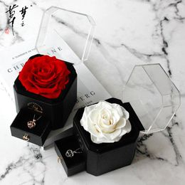 Decorative Flowers Transparent Simulation Rose Flower Jewellery Box Decorated With Octagonal Drawer Christmas Gifts Storage Holiday Supplies