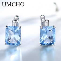 Ear Cuff UMCHO Luxury 8.0ct Sky Blue Topaz Jewelry Solid 925 Sterling Silver Clip Earrings for Women's Birthday Gift Fashion 230512