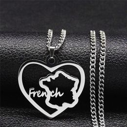 Chains 2023 Stainless Steel Heart Map Of France Chain Necklace Silver Color Statement Men/Women Jewelry Bijoux NXH97S05