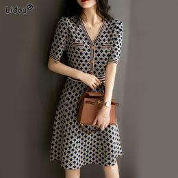 Casual Dresses Plaid Print V-neck Vintage Empire Button Short Sleeved Elegant Slender A-line Skirt Fashion Summer Dress Women's Clothing 230515