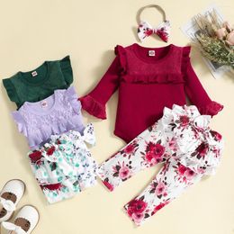 Clothing Sets 0-24M Born Girls Casual Long Sleeve Lace Romper Tops Pants With 2-Layer Headband 3Pcs Spring Fall Baby Set
