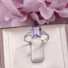 Cluster Rings Fine Jewellery For Women Amethyst Sterling Silver S925 9 7mm Natural Gemstone Adjustable Rectangle Purple Ring R-AM006