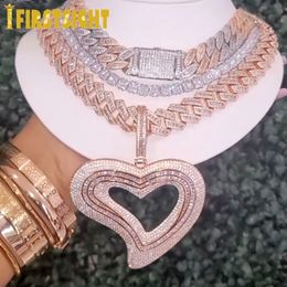 Pendant Necklaces Ice Out Large Hollow Heart shaped Pendant Necklace Sparkling Rectangular CZ Cubic Zirconia Tennis Chain Charming Women's Hip Hop Jewellery 230512