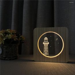 Night Lights Lighthouse Tower 3D LED Arylic Wooden Lamp Table Light Switch Control Carving For Children's Room Birthday Gift