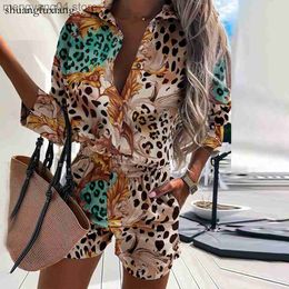 Women's Tracksuits Casual Two Piece Sets Womens Outfits 2023 Spring Leopard Print Button Shirt Top And Shorts 2 Piece Set Summer Beach Shorts Women T230515