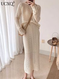 Two Piece Dress Ucxq two piece skirt knitted suit hollow out dress new round neck long sleeve adjustment female fashion tide autumn 2023 23kx517 P230515