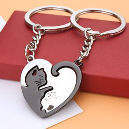 2pcs Cute Black Cat Keychain Patchwork Heart Round Couple Lovers Keyring Stainless Steel Backpack Car Key Ring Hanging Jewellery