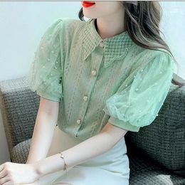 Women's Blouses Sweet Lapel Collar Ladies Green Pink Blouse Women Puff Sleeve Summer Tops Cute Fashion Woman Korean Beads Blusas Mujer