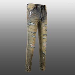 Men's Jeans 2023 Spring Retro Jean Hombre Patch Biker Streetwear Ripped Denim Pant Old Wash Water Stretch Skinny Tapered Trouser