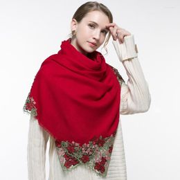 Scarves Winter Wool Scarf For Women Red Flower Embroidery Cashmere Shawls Wraps Bufanda Soft Warm Pashmina Echarpe Femme