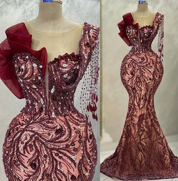 2023 May Aso Ebi Burgundy Mermaid Prom Dress Beaded Crystals Sexy Evening Formal Party Second Reception Birthday Engagement Gowns Dress Robe De Soiree ZJ265