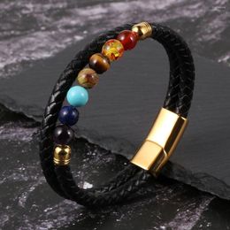 Charm Bracelets Men Women Natural Stone 7 Chakras Beads Genuine Leather Stainless Steel Magnetic Buckle Healing Wrishbands Jewerlry