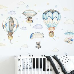 Kids' Toy Stickers Watercolor Animals Hot Air Balloon Clouds Wall Stickers Blue Color for Kids Room Baby Nursery Room Wall Decals Boy Room Stickers