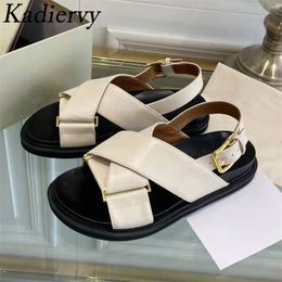 Sandals Casual Flat Sandals Woman Genuine Leather Cross Strap Holiday Beach Shoes Lady Peep Toe Thick Sole Roman Sandals Women Sandalias 230515