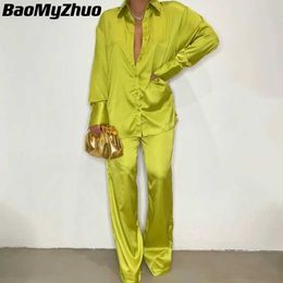 Women's Two Piece Pants 2023 Elegant Satin Matching Sets Women Casual Long Sleeve Straight Shirt Pants Suit Female Loose Solid Tops Two Pieces Outfits P230515