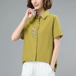 Women's Blouses Cotton Top Women Green Yellow Shirt Solid Embroidery Summer Blouse Short Sleeve Casual Button Up Shirts Ladies Chemise Femme