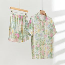 Women's Sleepwear Floral Printed Shorts Pyjamas Sets for Women's Spring and Summer Cotton Short Sleeve Vanilla Mint High-Grade Home Wear Suit 230515