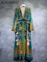 Casual Dresses DLDENGHAN Spring Summer Maxi Dress Women Crystal Deep V-Neck Flare Sleeve Leopard Print Vintage Long Fashion Designer